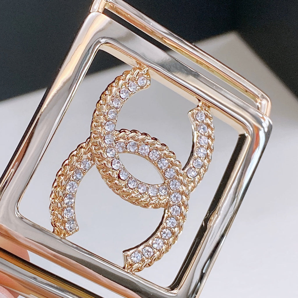 Chanel Rhinestones CC Square Buckle Belt Blue Gold in Calfskin  205354
