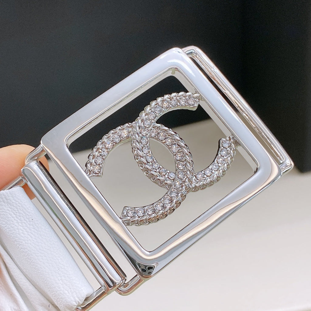 Chanel Rhinestones CC Square Buckle Belt Blue Silver in Calfskin 205353