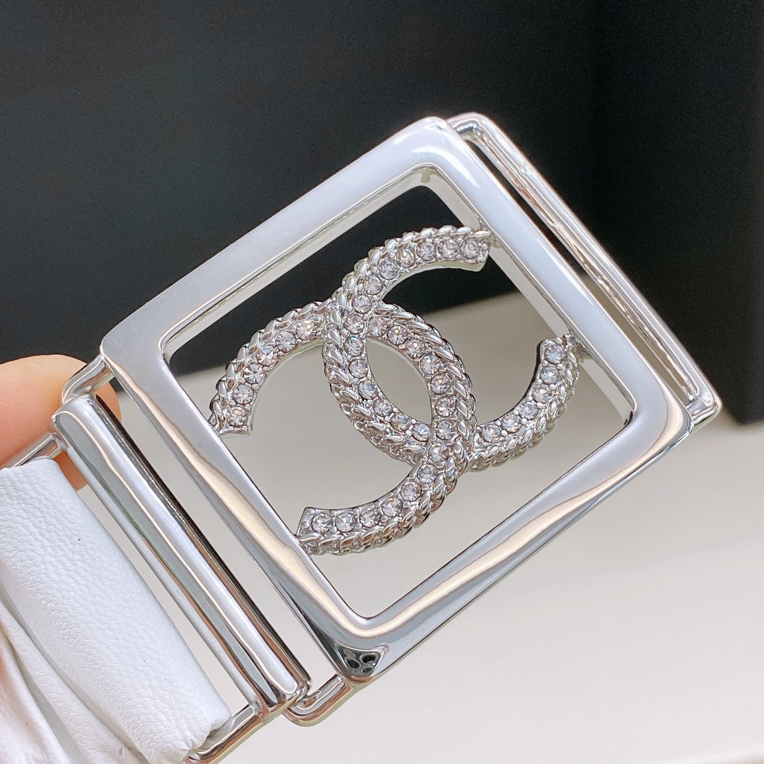 Chanel Rhinestones CC Square Buckle Belt Blue Silver in Calfskin 205353