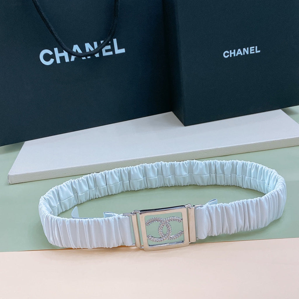 Chanel Rhinestones CC Square Buckle Belt Blue Silver in Calfskin 205353