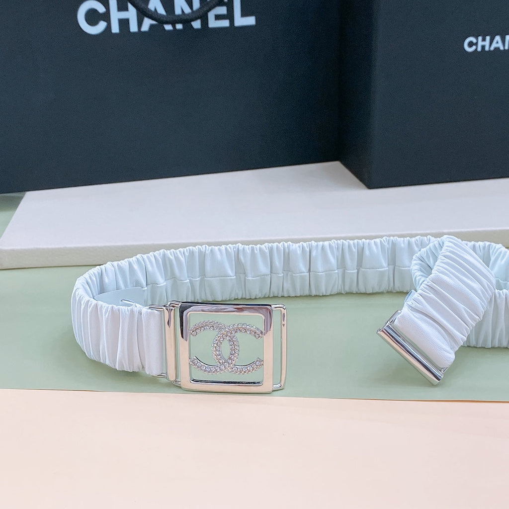 Chanel Rhinestones CC Square Buckle Belt Blue Silver in Calfskin 205353