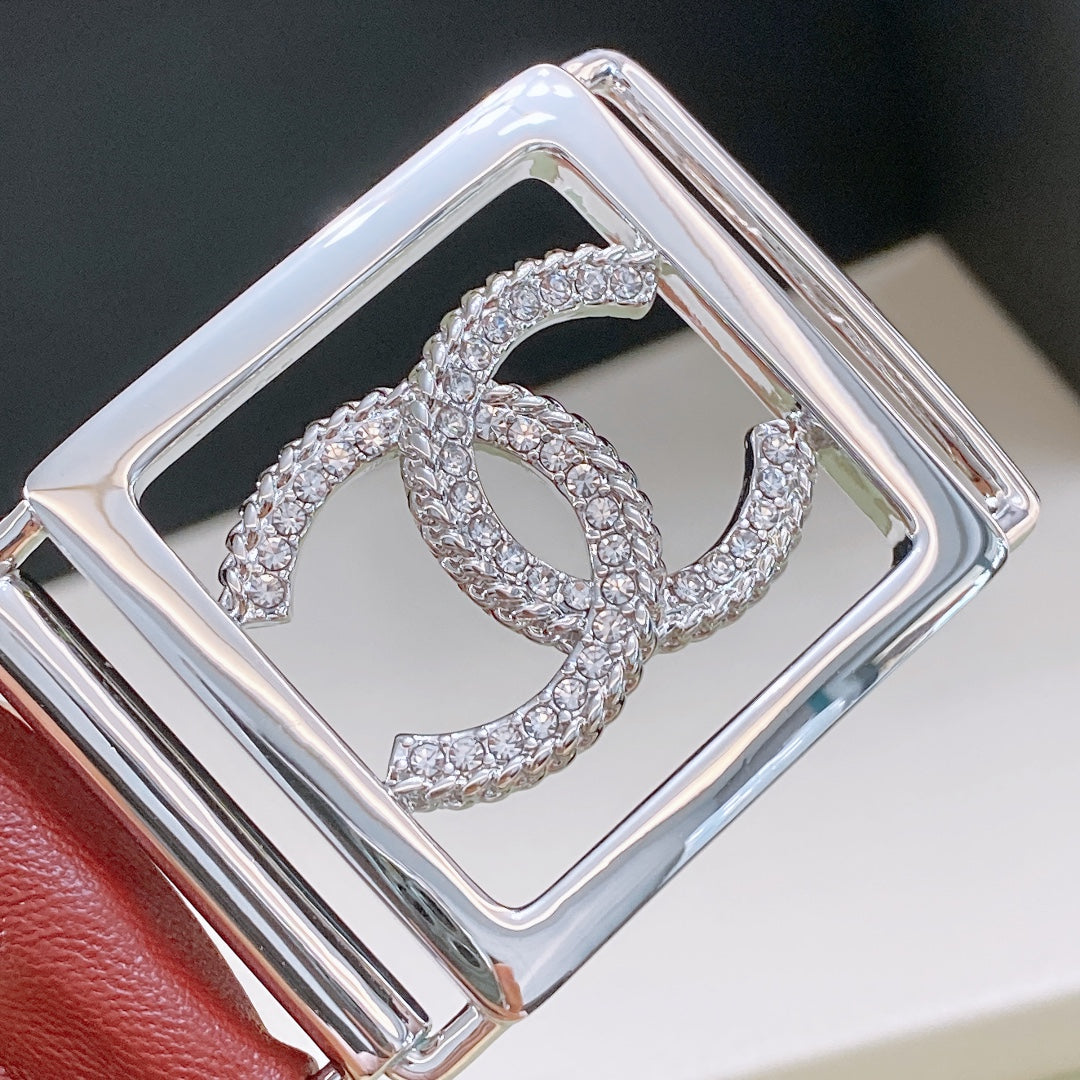Chanel Rhinestones CC Square Buckle Belt Red Silver in Calfskin 205352