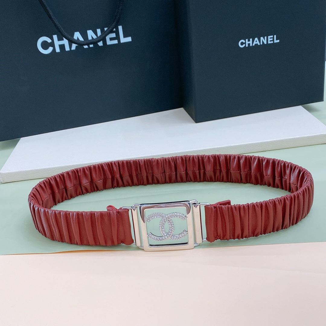 Chanel Rhinestones CC Square Buckle Belt Red Silver in Calfskin 205352