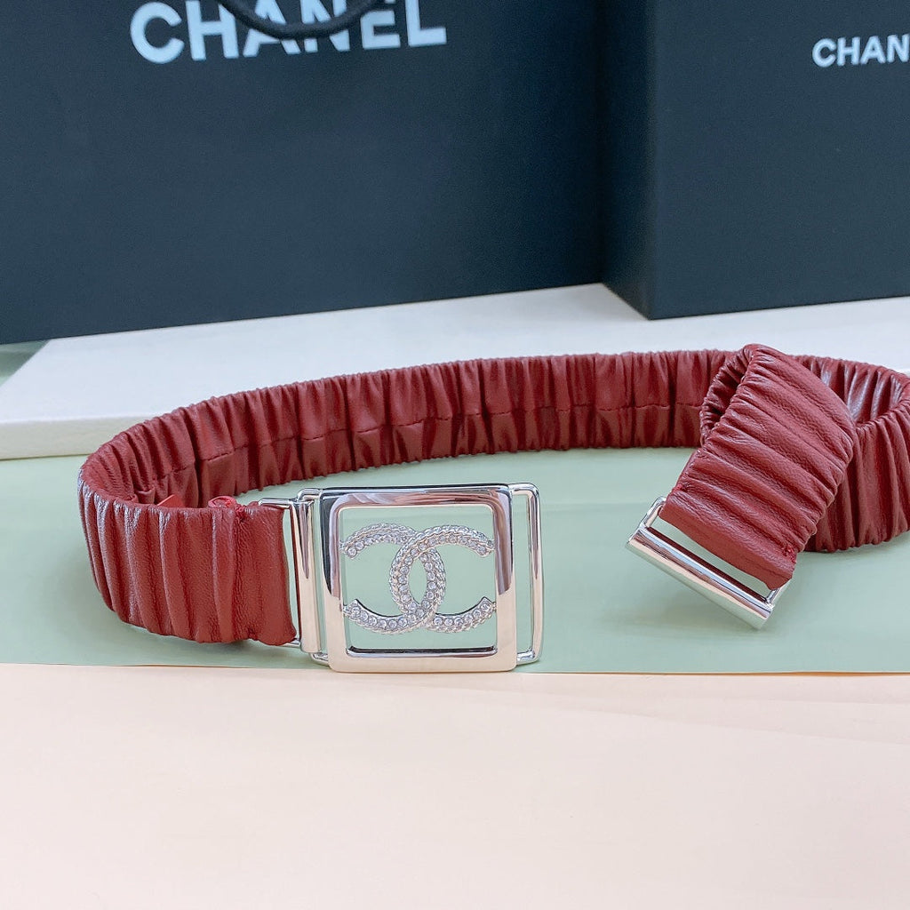 Chanel Rhinestones CC Square Buckle Belt Red Silver in Calfskin 205352