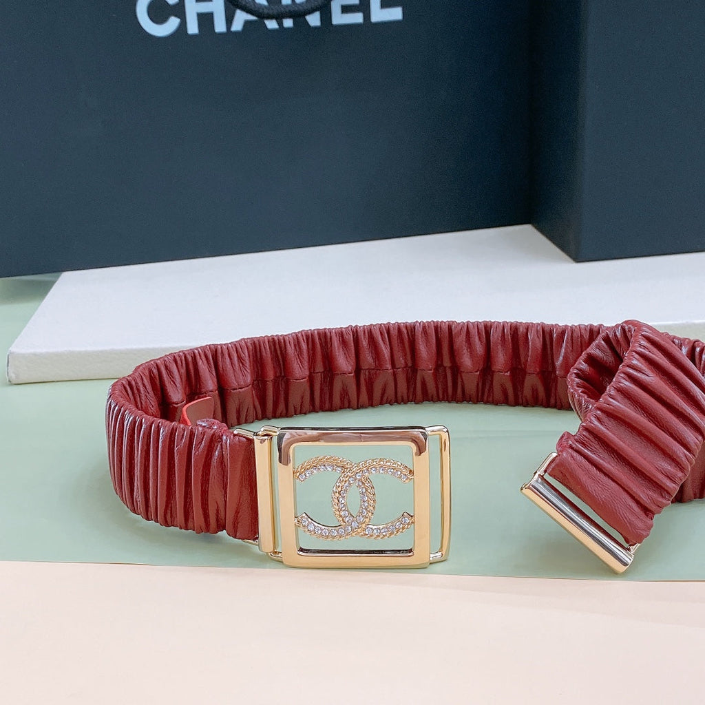 Chanel Rhinestones CC Square Buckle Belt Red Gold in Calfskin 205351