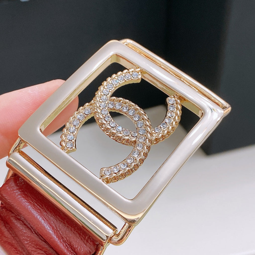 Chanel Rhinestones CC Square Buckle Belt Red Gold in Calfskin 205351