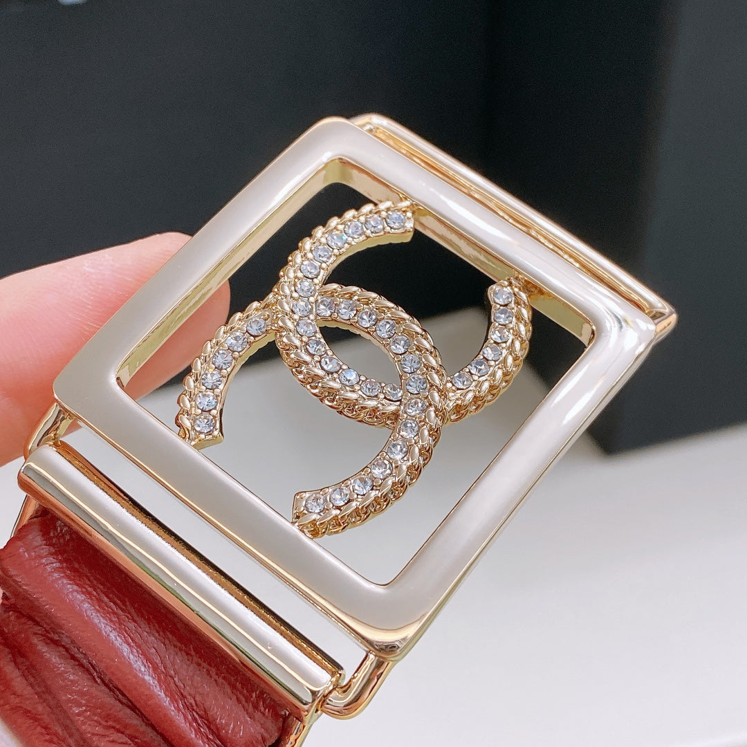 Chanel Rhinestones CC Square Buckle Belt Red Gold in Calfskin 205351