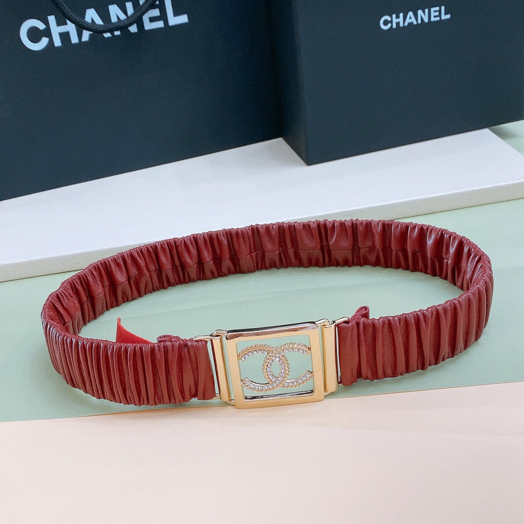 Chanel Rhinestones CC Square Buckle Belt Red Gold in Calfskin 205351