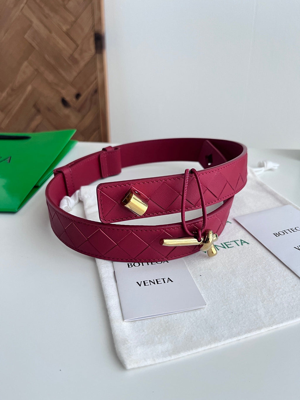 BV 26S Intreccio Andiamo Knot Buckle Belt 3cm Red Calfskin 204864