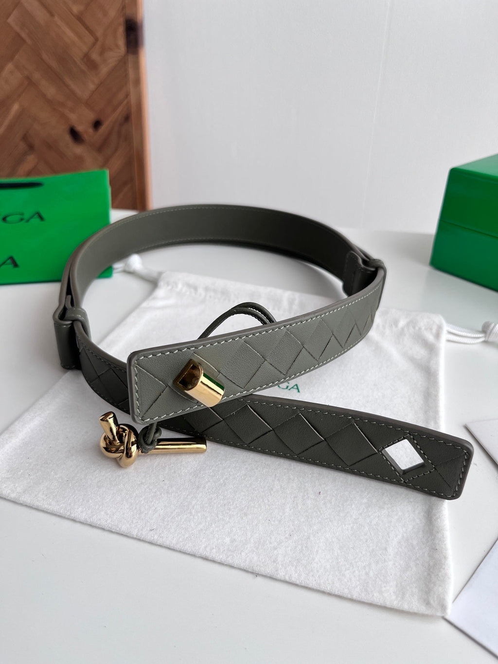 BV 26S Intreccio Andiamo Knot Buckle Belt 3cm Green Calfskin 204862