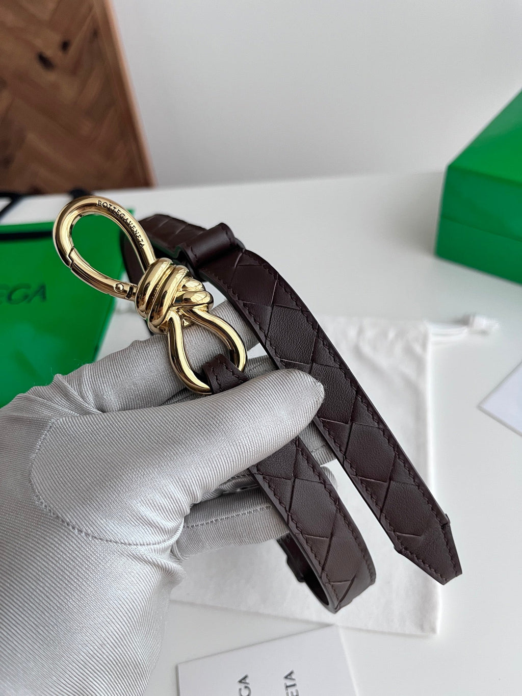 BV 26S Andiamo Knot Buckle Intreccio Belt 2cm Chocolate Lambskin 204754