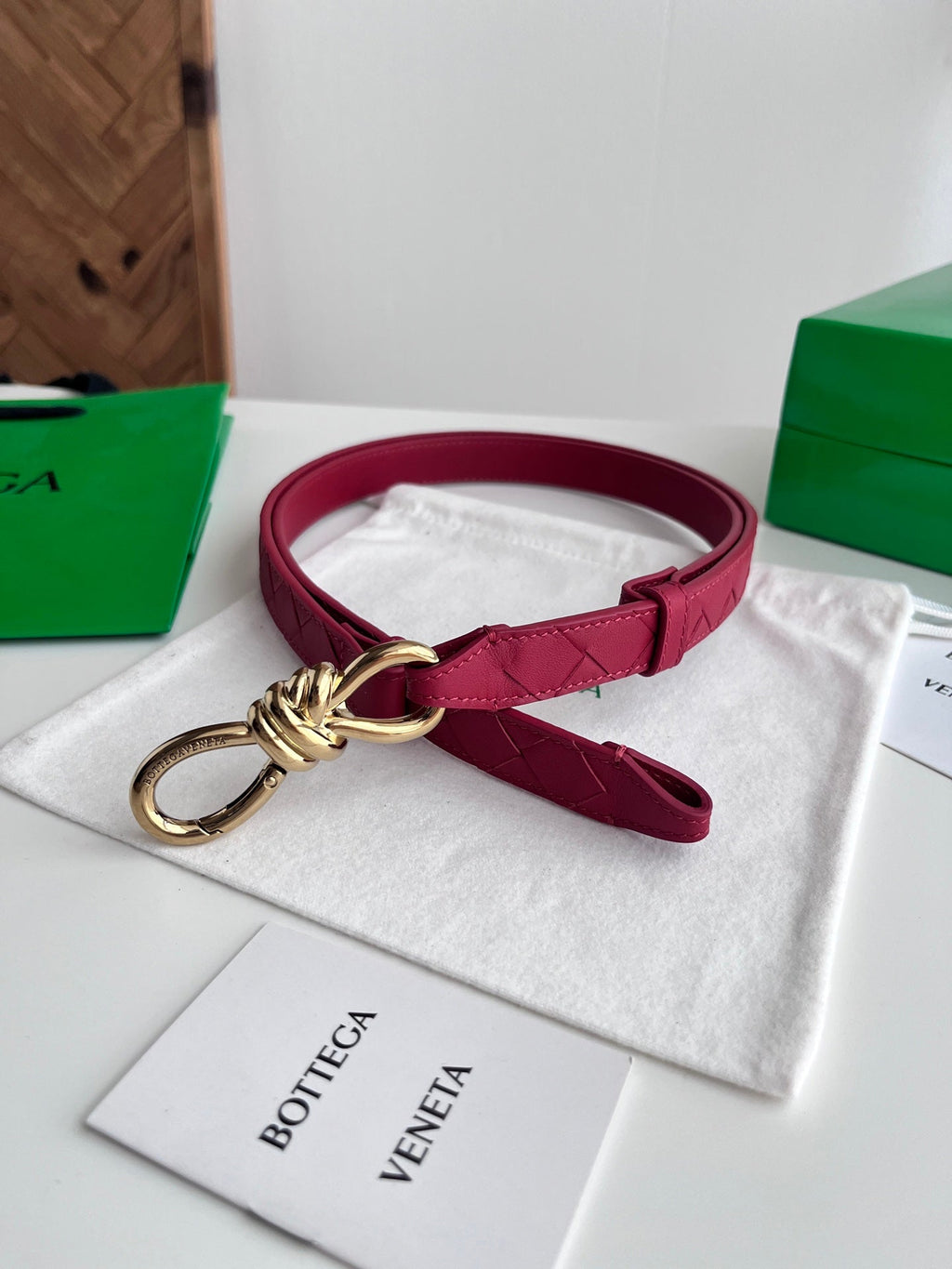 BV 26S Andiamo Knot Buckle Intreccio Belt 2cm Red Lambskin 204752