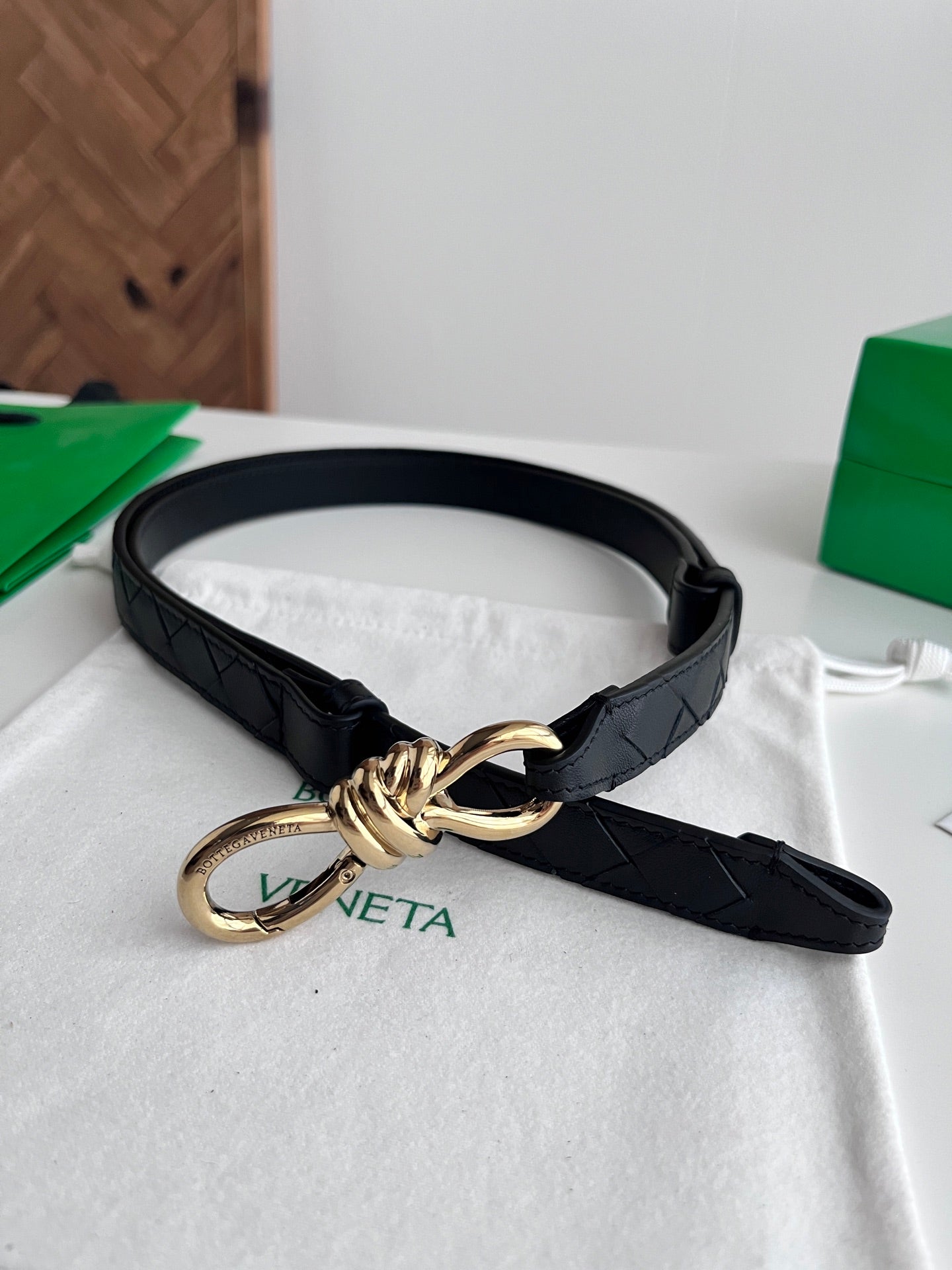 BV 26S Andiamo Knot Buckle Intreccio Belt 2cm Black Lambskin 204751