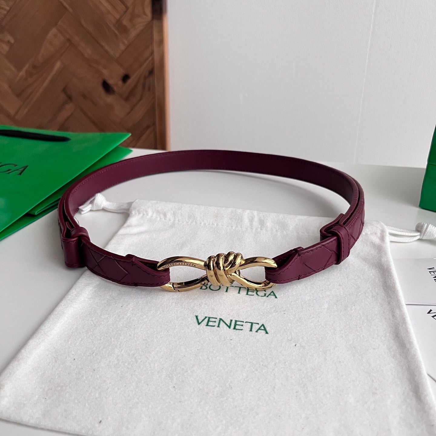 BV 26S Andiamo Knot Buckle Intreccio Belt 2cm Burgundy Lambskin 204748