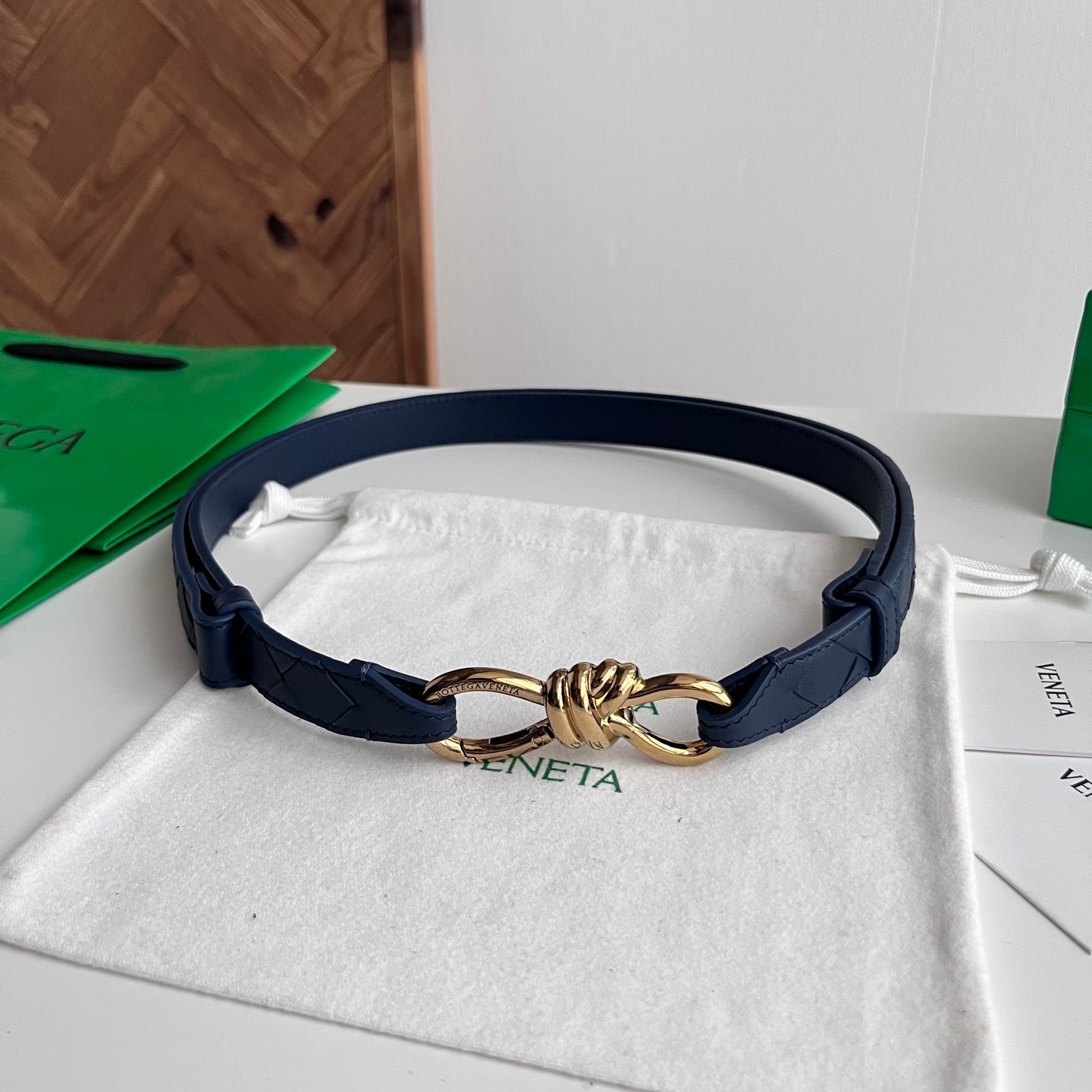 BV 26S Andiamo Knot Buckle Intreccio Belt 2cm Navy Lambskin 204747