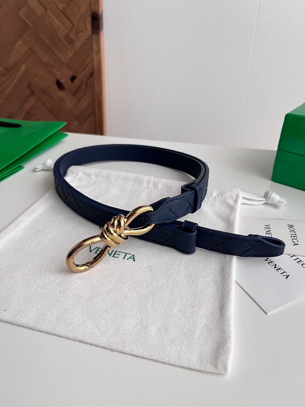 BV 26S Andiamo Knot Buckle Intreccio Belt 2cm Navy Lambskin 204747