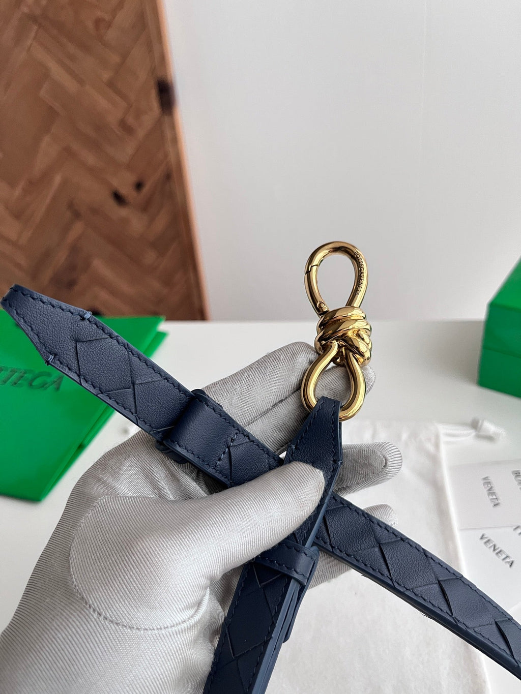 BV 26S Andiamo Knot Buckle Intreccio Belt 2cm Navy Lambskin 204747