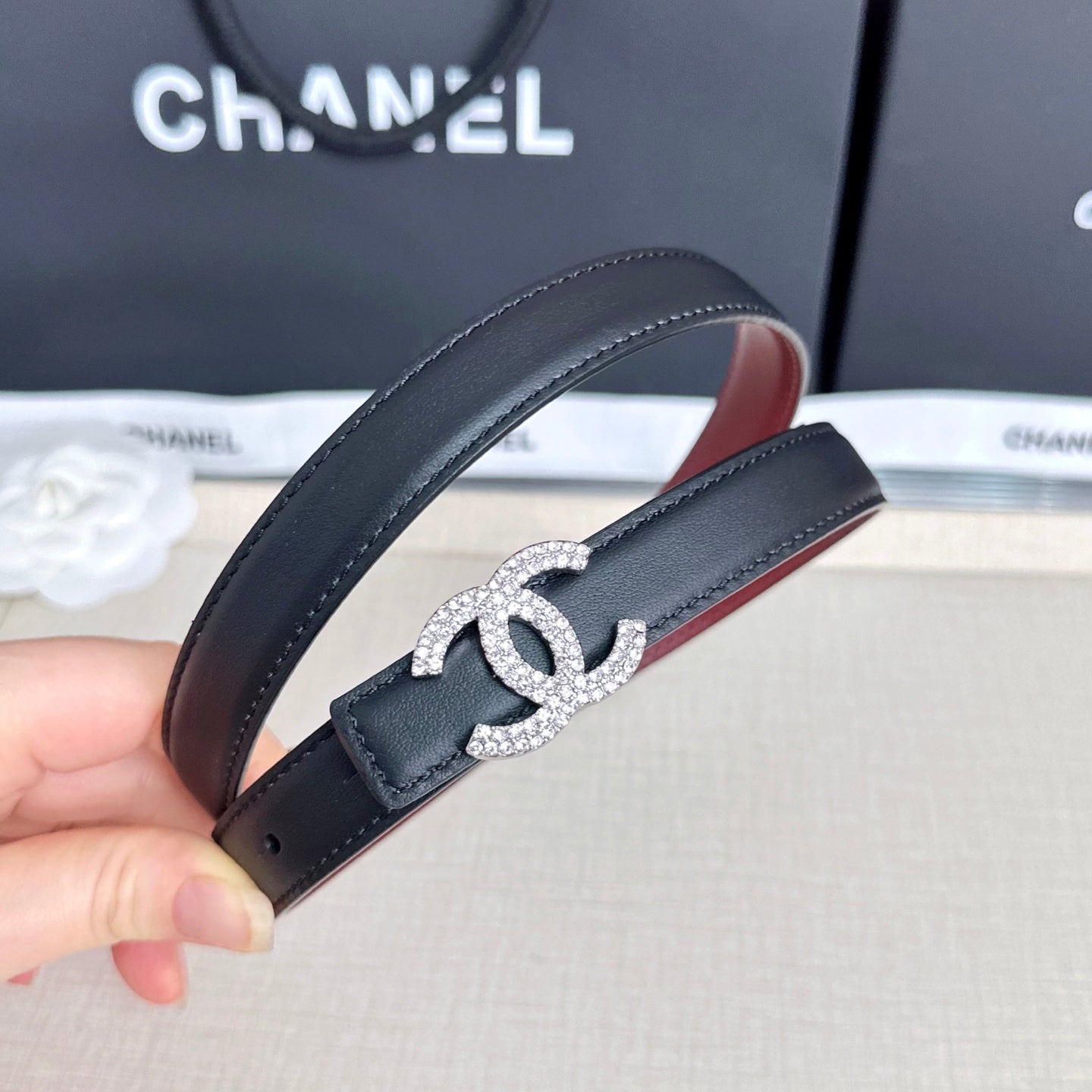 CC Crystal Buckle Reversible Belt Cowhide SHW 210435