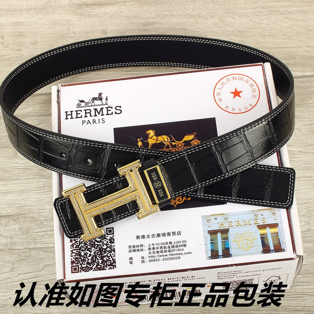 HM Original Belt 38mm Black Crocodile Pattern Gold Buckle 620264