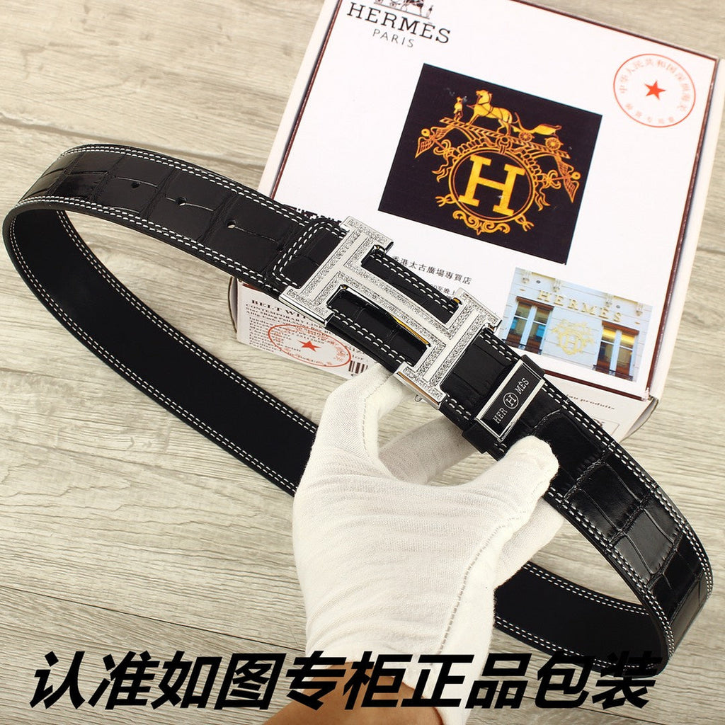 HM Original Belt 38mm Black Crocodile Pattern Sliver Buckle 620265