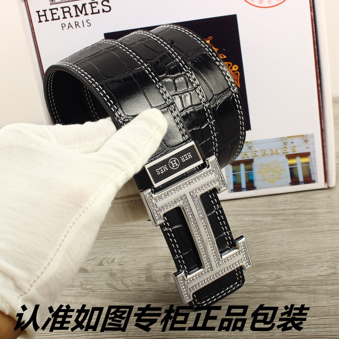 HM Original Belt 38mm Black Crocodile Pattern Sliver Buckle 620265