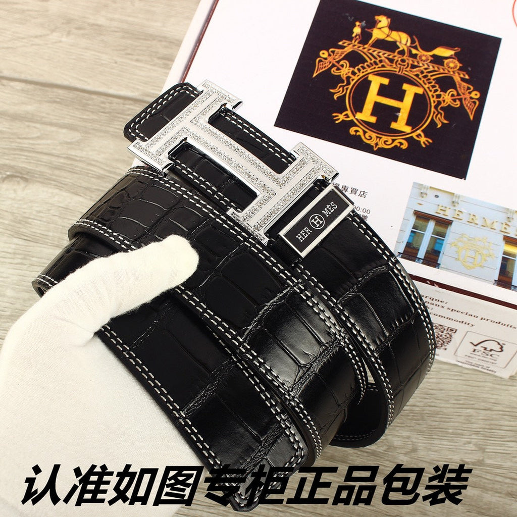 HM Original Belt 38mm Black Crocodile Pattern Sliver Buckle 620265