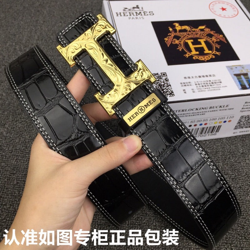 HM Belt 38mm Black Crocodile Leather Gold Buckle 619361