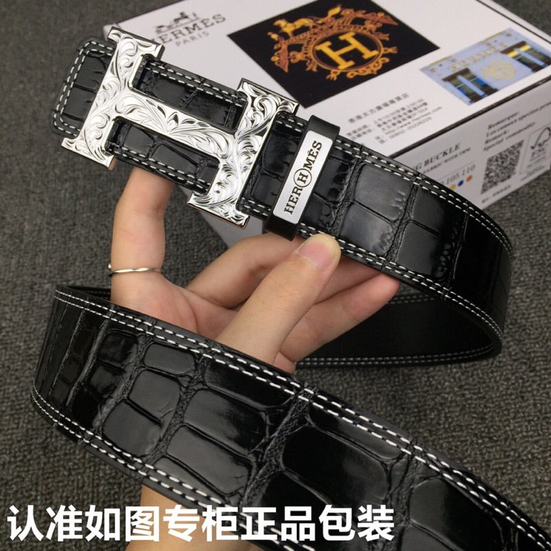 HM Belt 38mm Black Crocodile Leather Sliver Buckle 619362