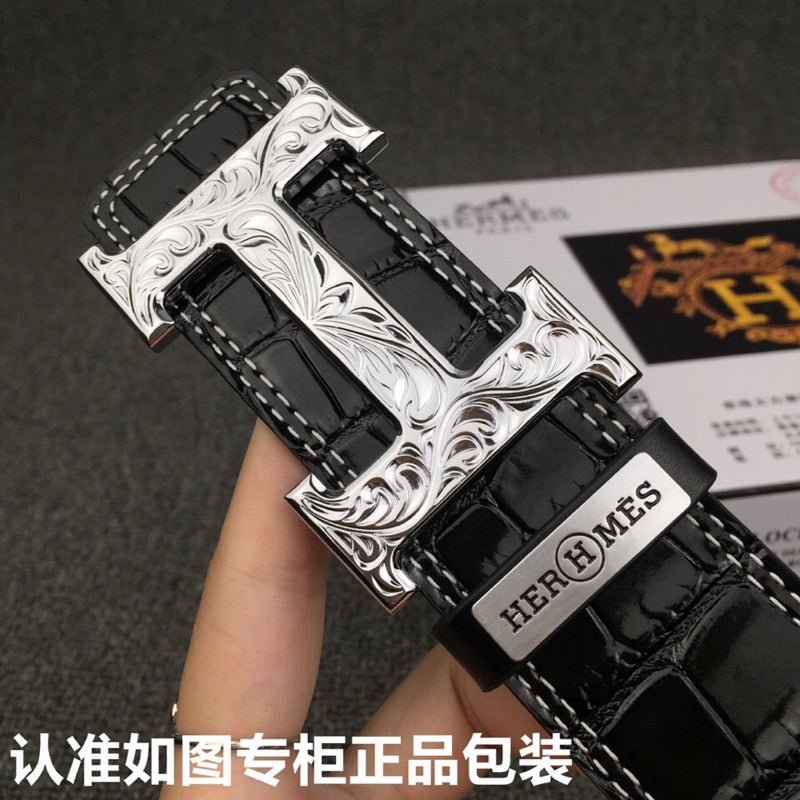 HM Belt 38mm Black Crocodile Leather Sliver Buckle 619362