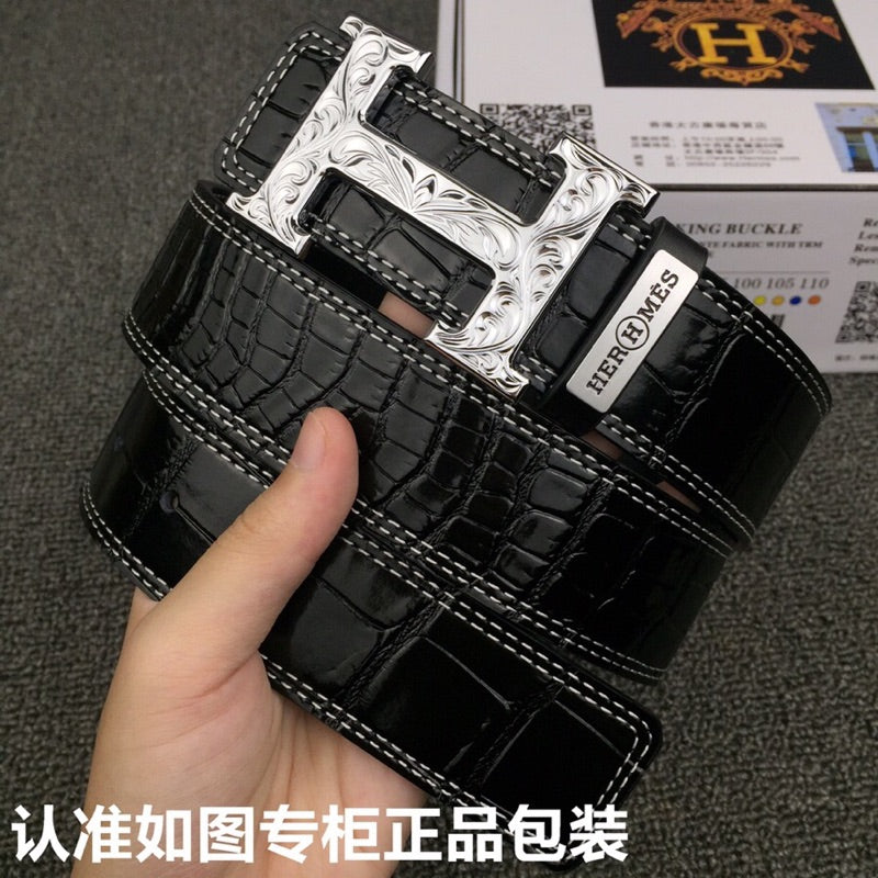 HM Belt 38mm Black Crocodile Leather Sliver Buckle 619362