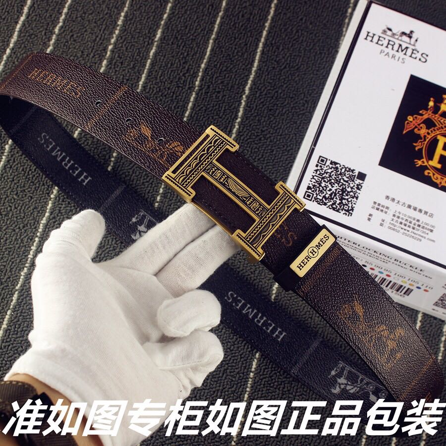 HM Double-sided Belt 38mm Black Cowhide Gold Buckle 620361