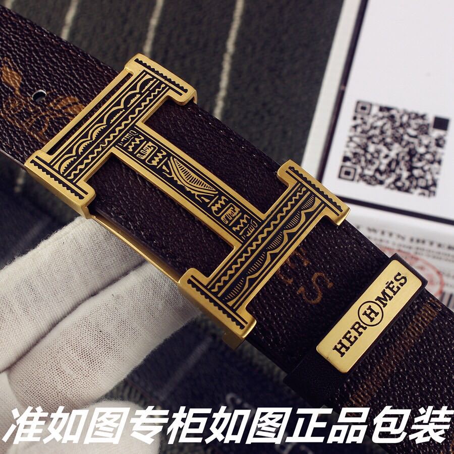 HM Double-sided Belt 38mm Black Cowhide Gold Buckle 620361