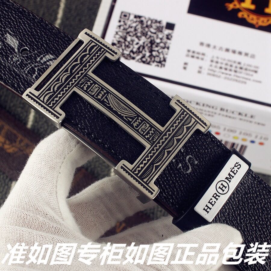 HM Double-sided Belt 38mm Black Cowhide Gold Buckle 620361