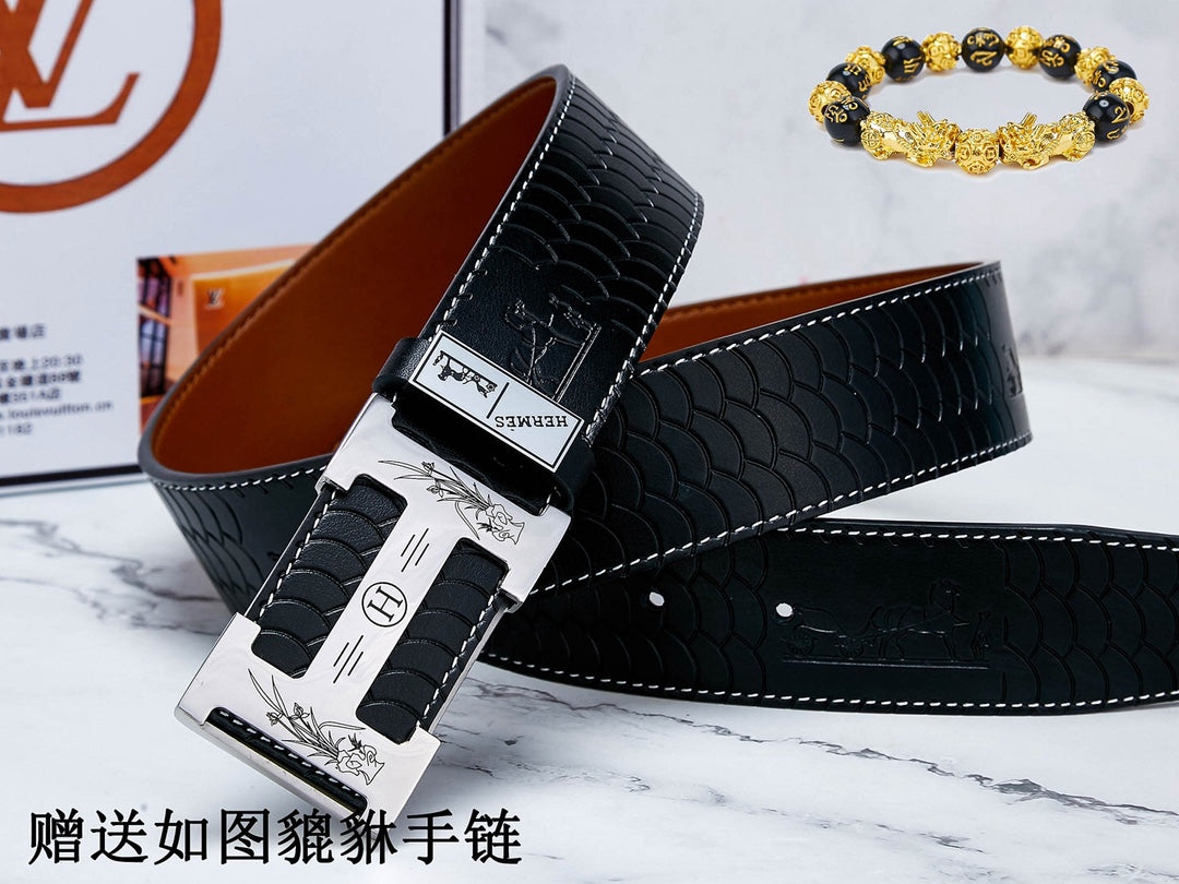 HM Constance Belt 38mm Black Brown Cowhide Sliver Buckle 619894