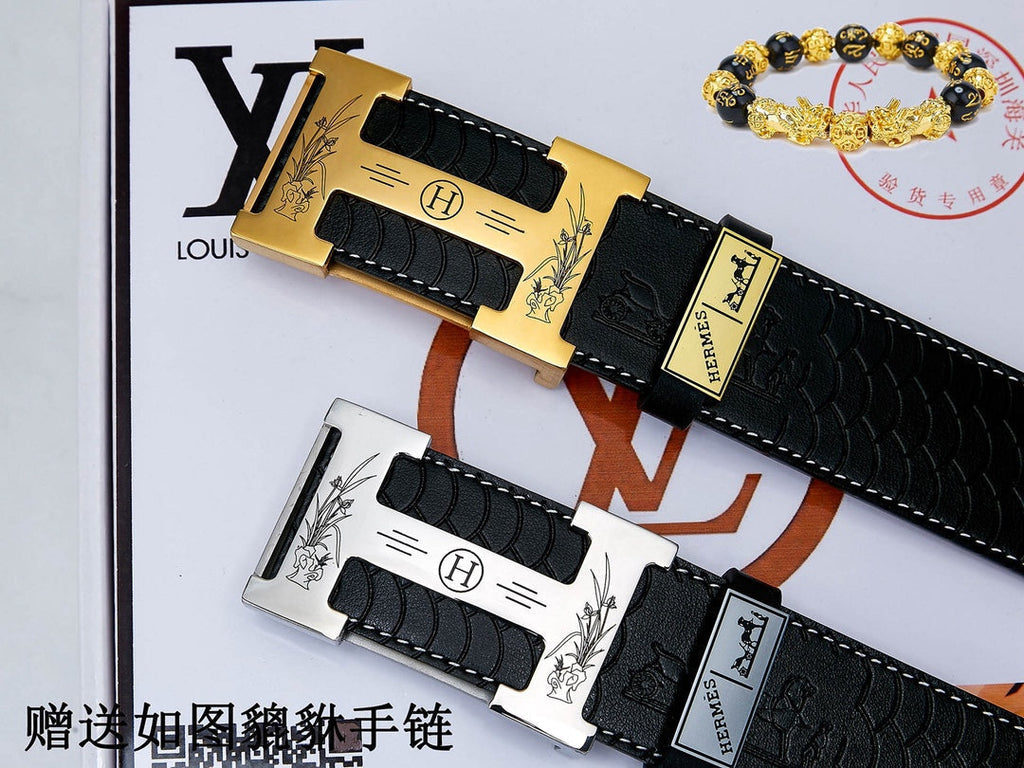 HM Constance Belt 38mm Black Brown Cowhide Sliver Buckle 619894