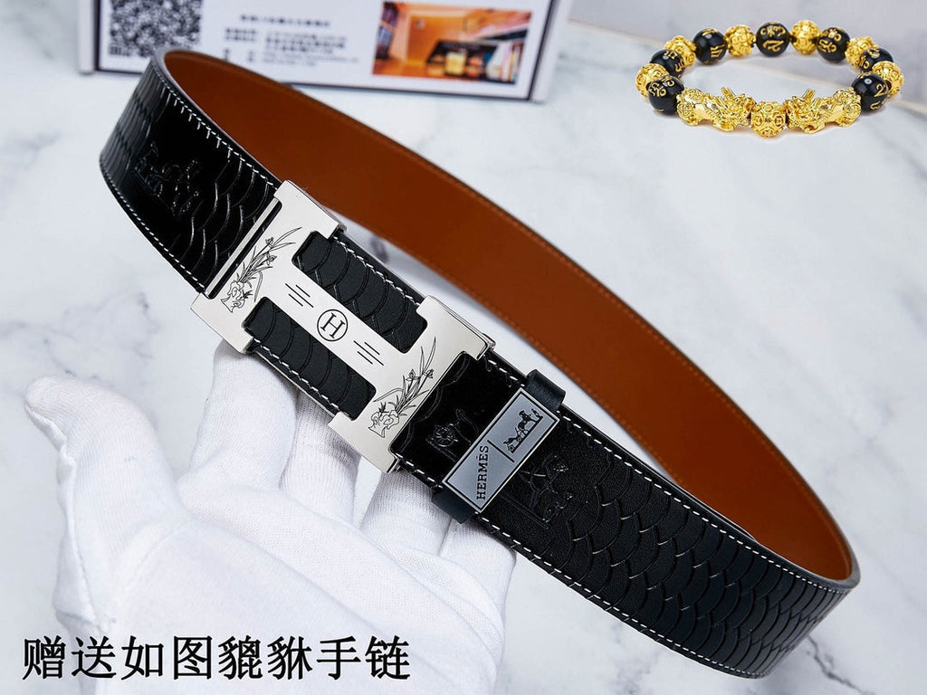 HM Constance Belt 38mm Black Brown Cowhide Sliver Buckle 619894