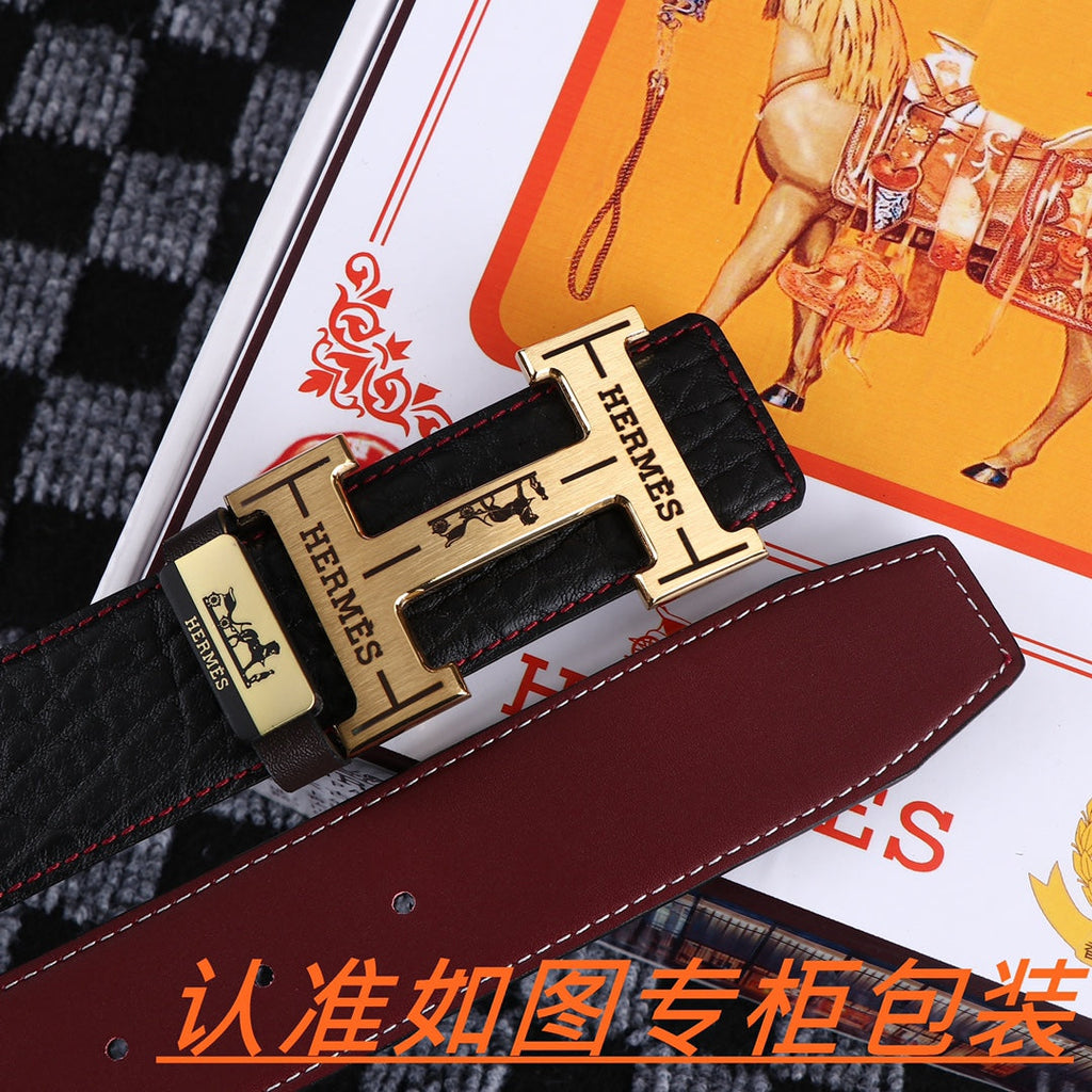 HM Belt 38mm Black Cowhide Leather Gold Buckle 619053