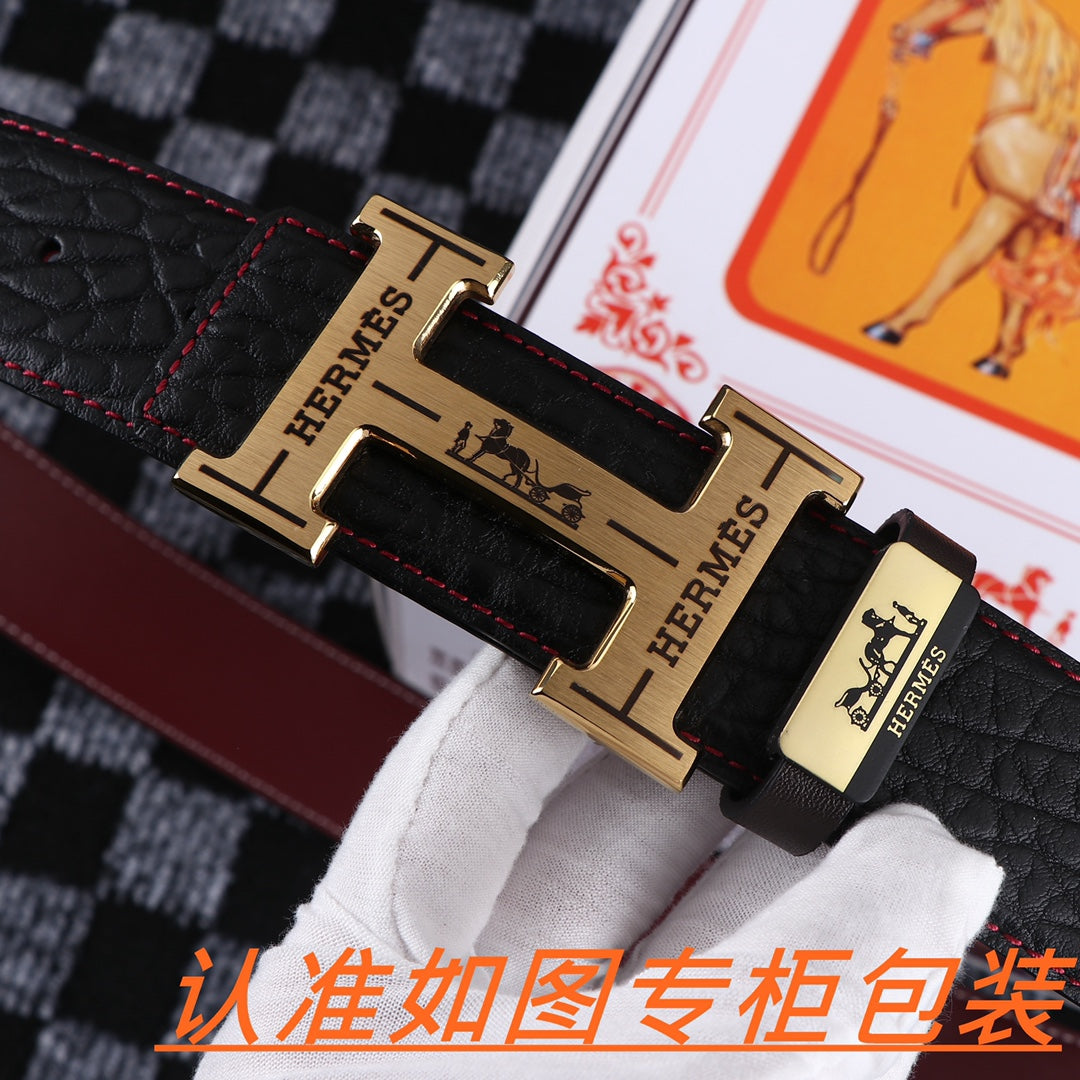 HM Belt 38mm Black Cowhide Leather Gold Buckle 619053