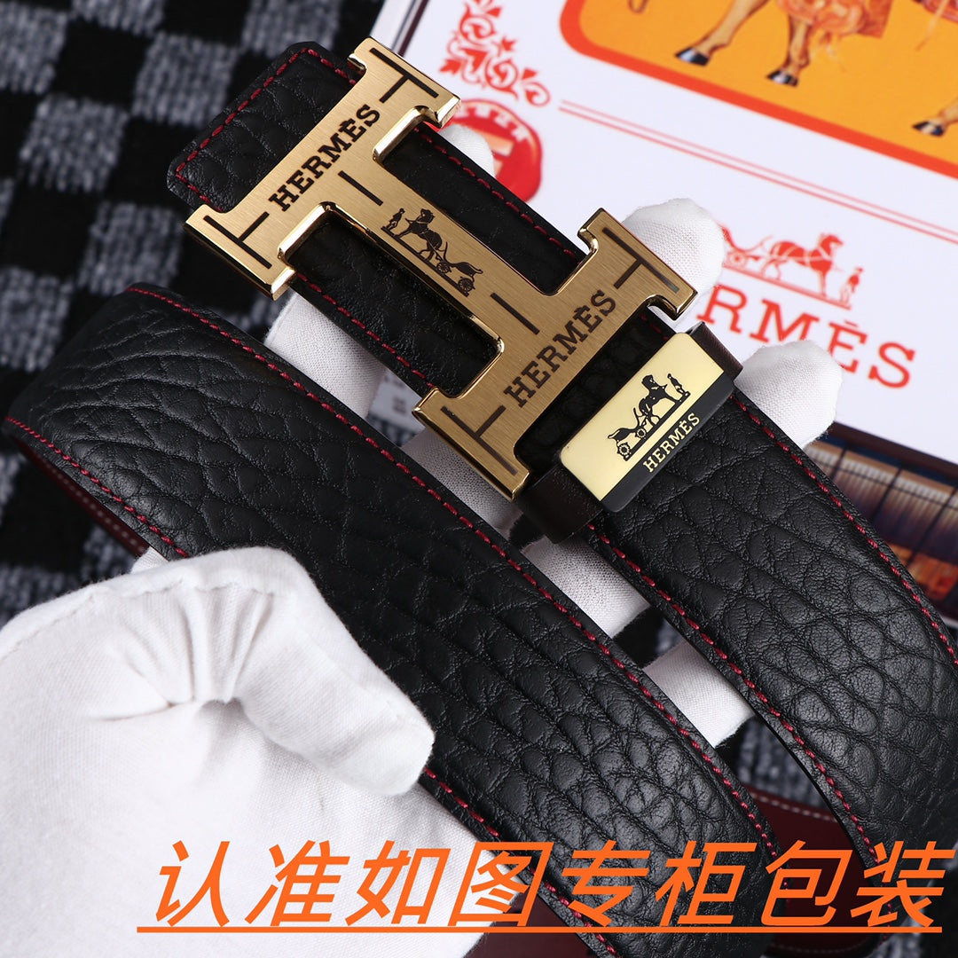 HM Belt 38mm Black Cowhide Leather Gold Buckle 619053