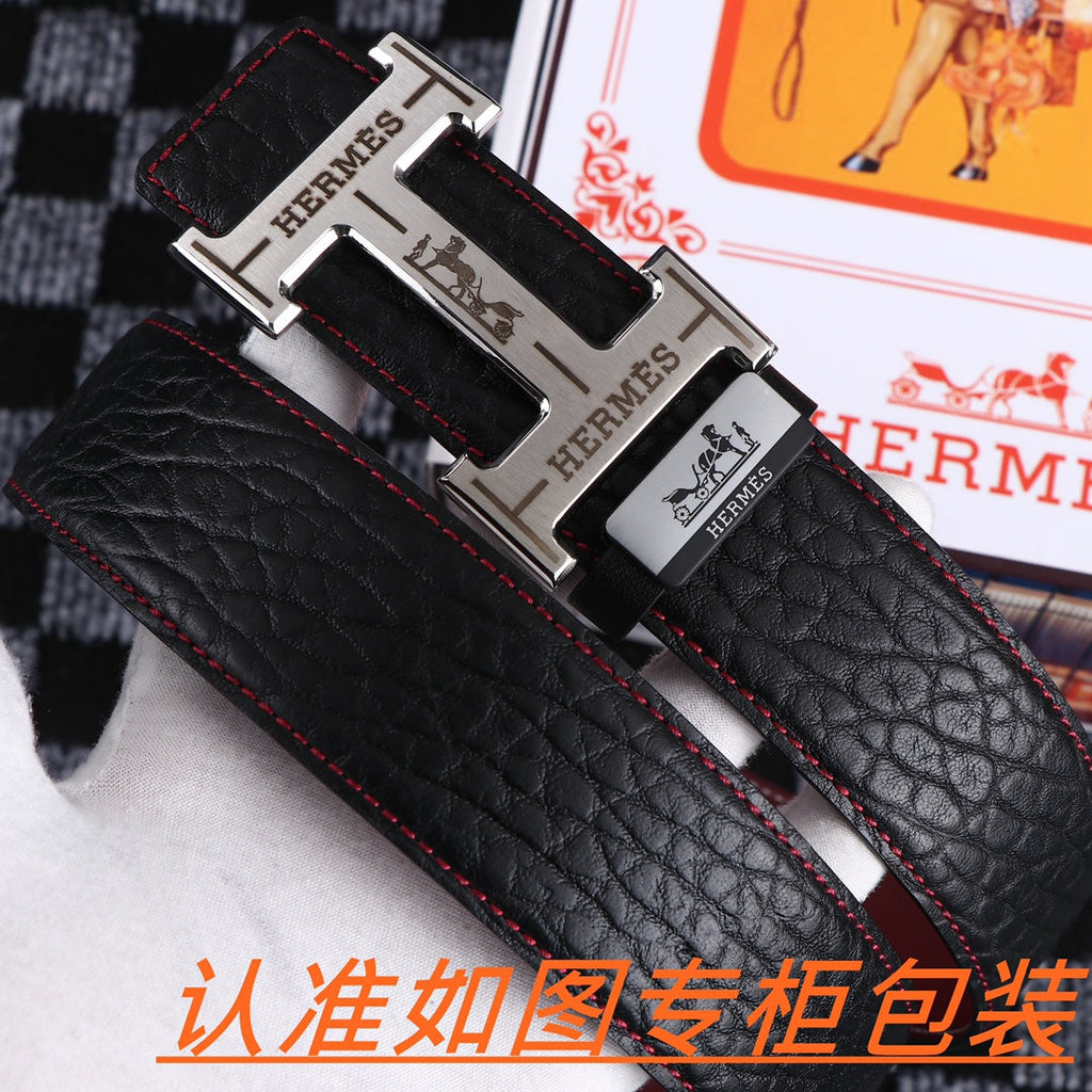 HM Belt 38mm Black Cowhide Leather Sliver Buckle 619054