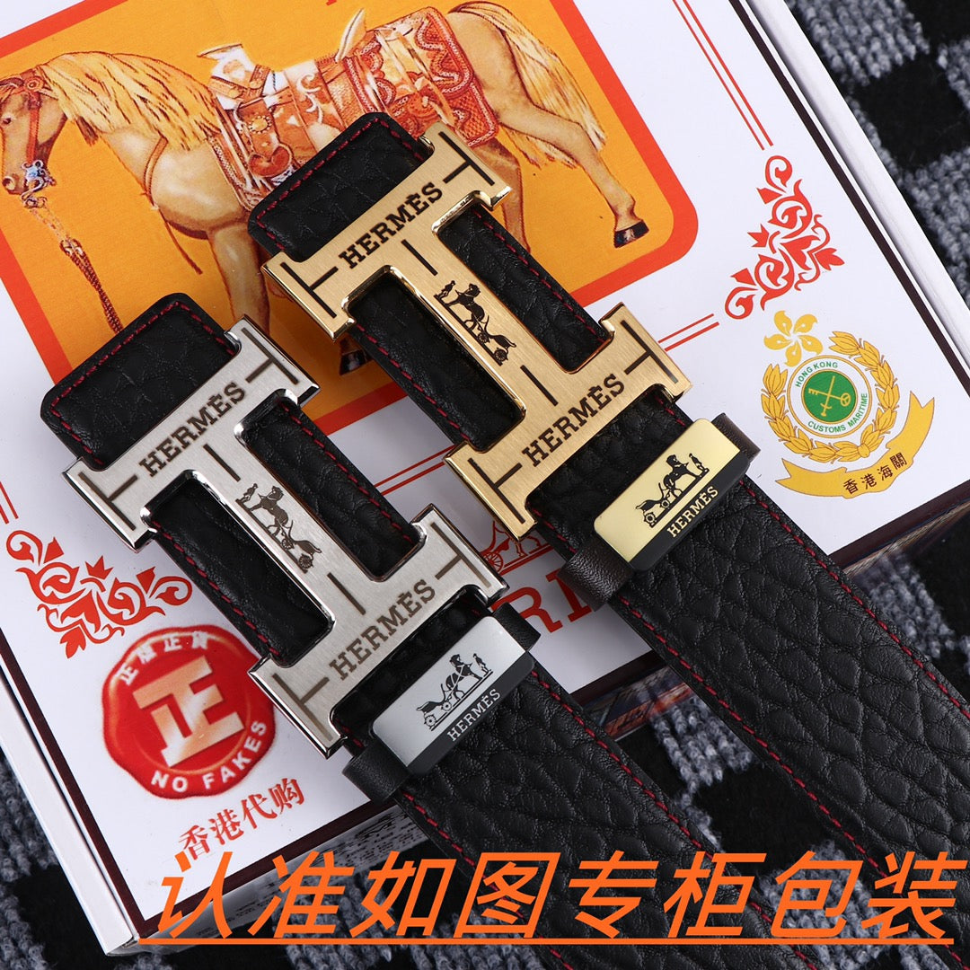 HM Belt 38mm Black Cowhide Leather Sliver Buckle 619054