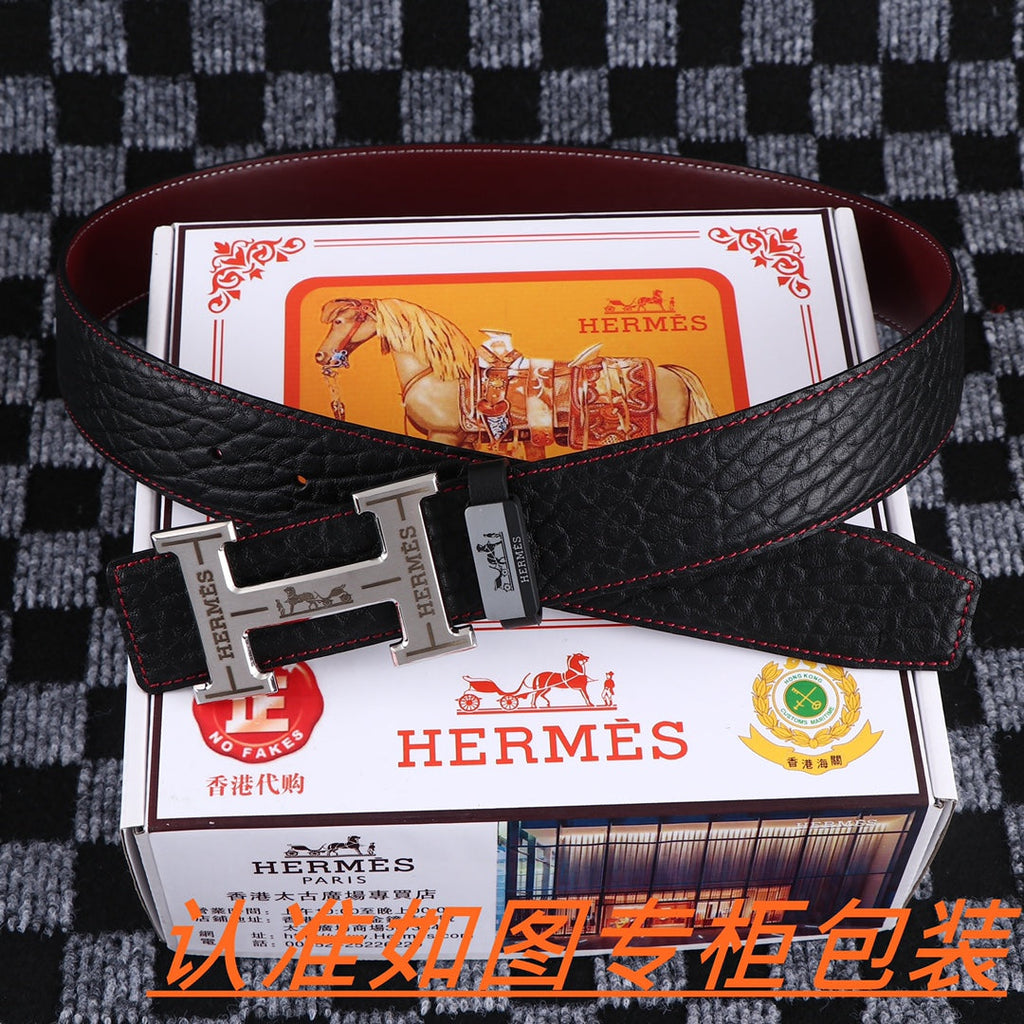 HM Belt 38mm Black Cowhide Leather Sliver Buckle 619054