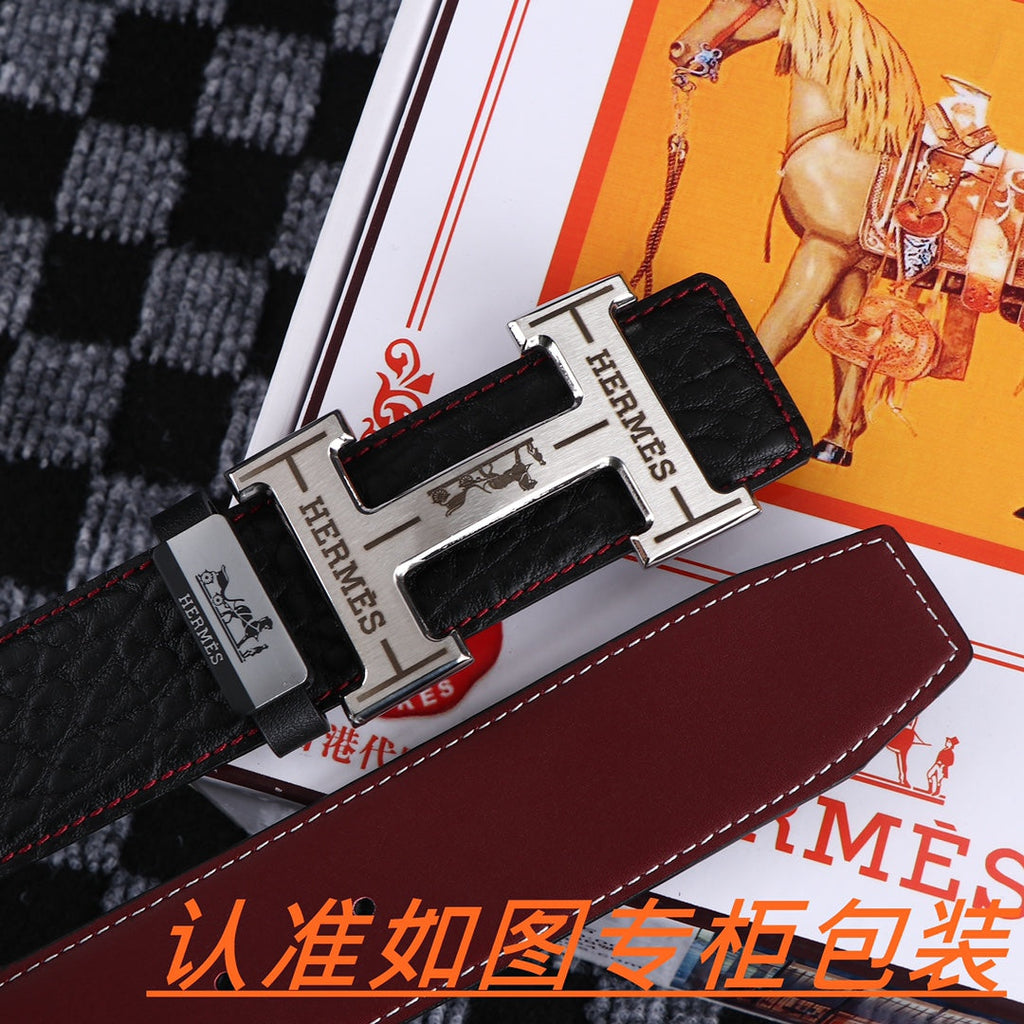 HM Belt 38mm Black Cowhide Leather Sliver Buckle 619054