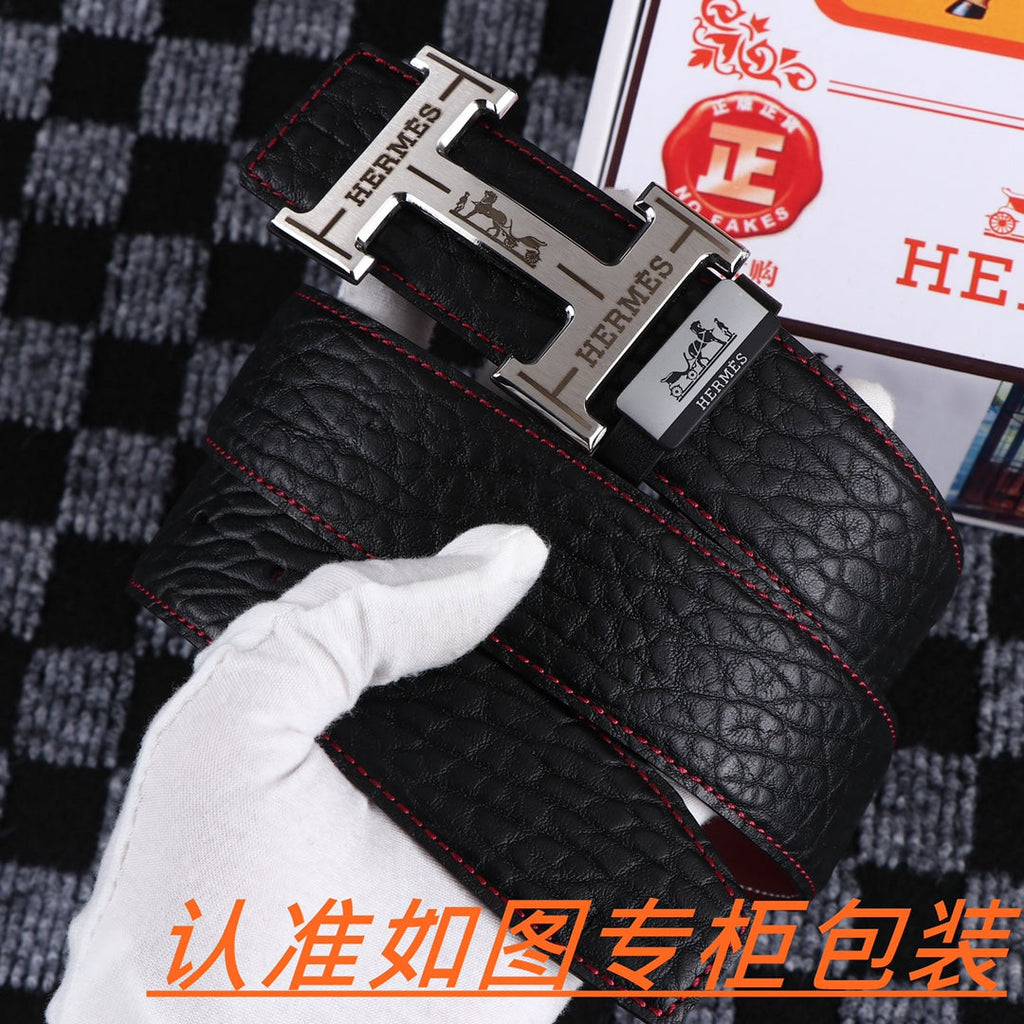 HM Belt 38mm Black Cowhide Leather Sliver Buckle 619054