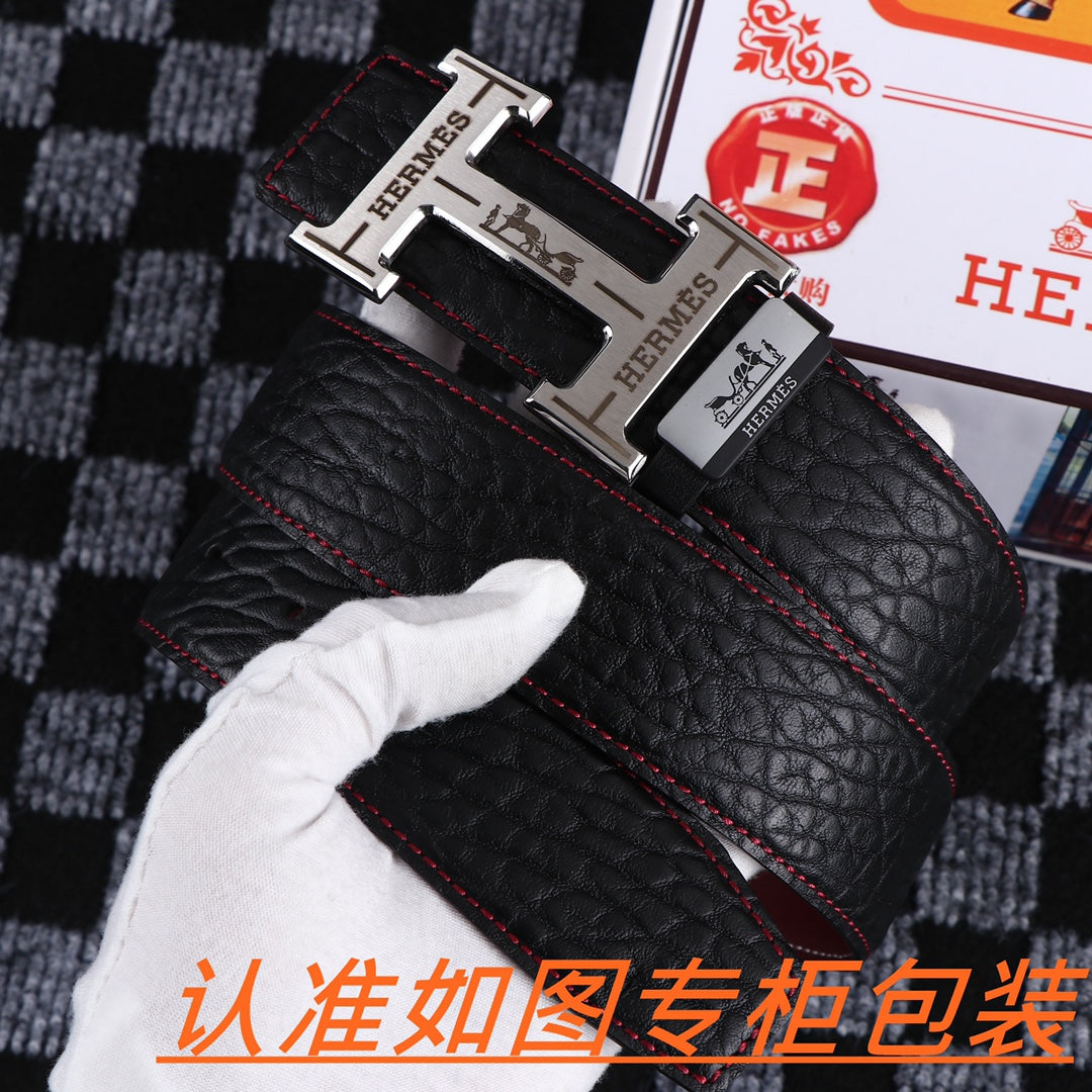 HM Belt 38mm Black Cowhide Leather Sliver Buckle 619054