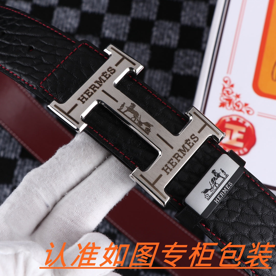 HM Belt 38mm Black Cowhide Leather Sliver Buckle 619054