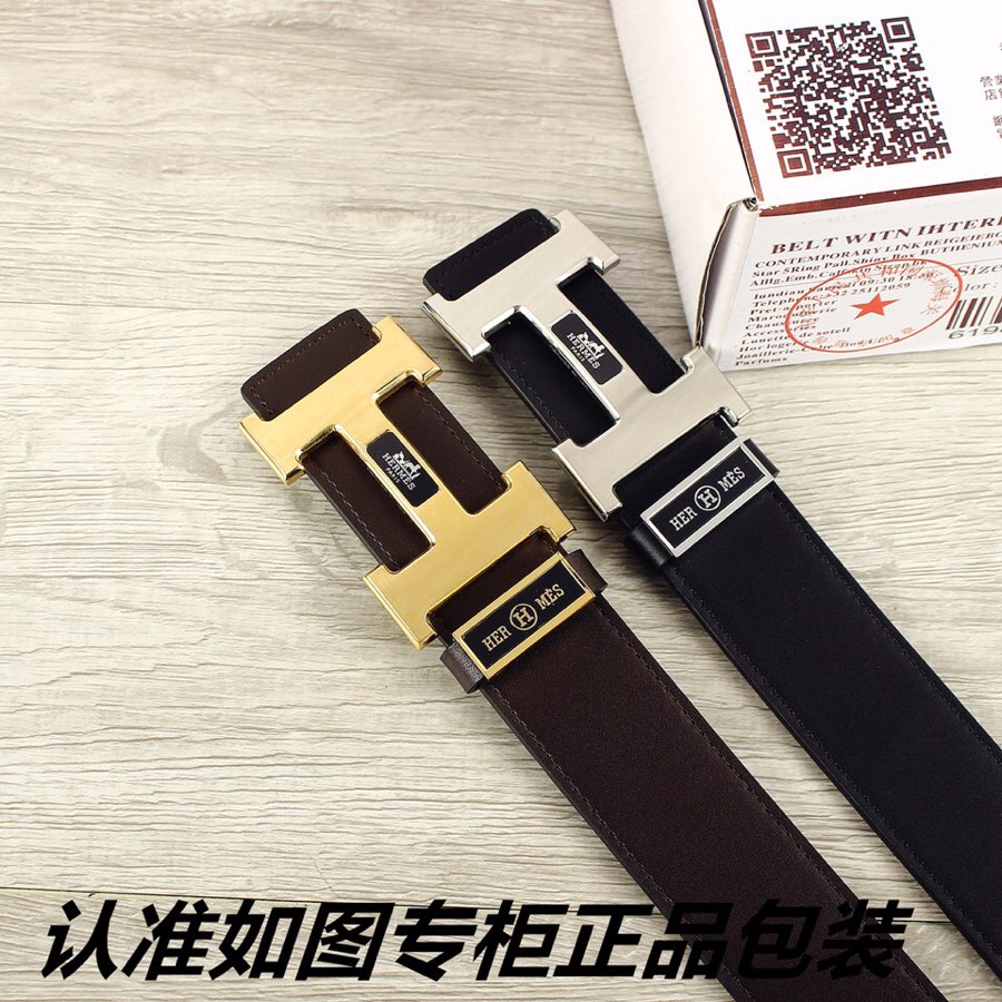 HM Double-sided Belt 38mm Black Cowhide Gold Buckle 620361
