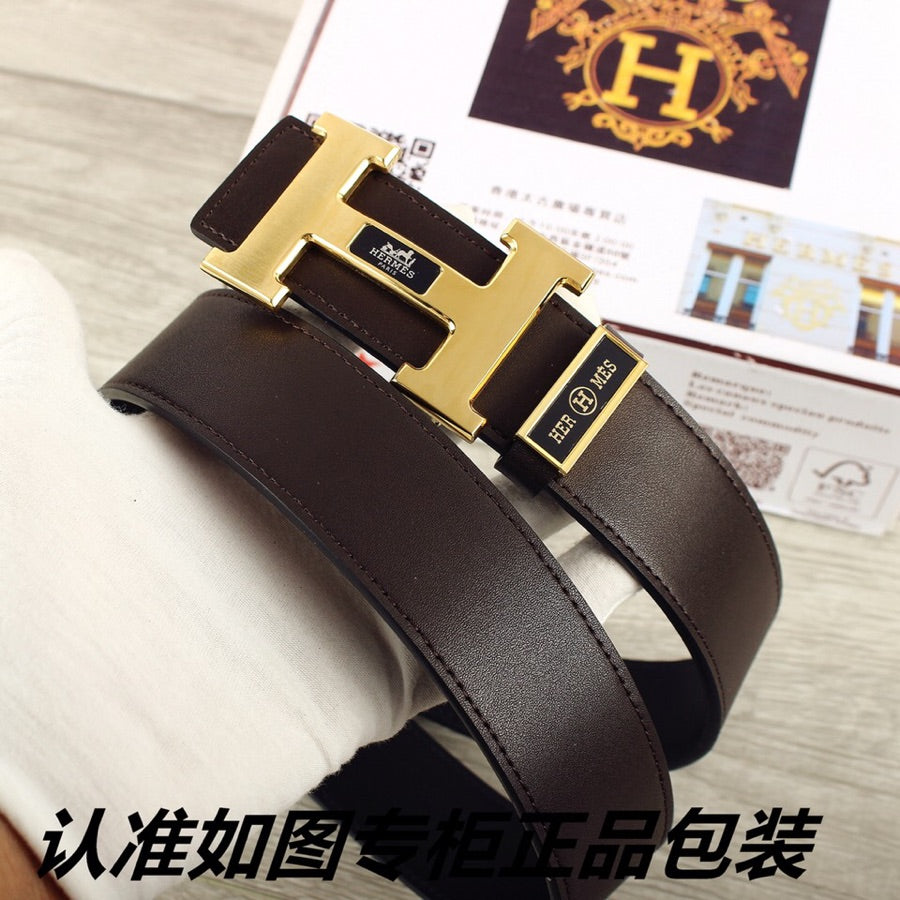 HM Double-sided Belt 38mm Black Cowhide Gold Buckle 620361
