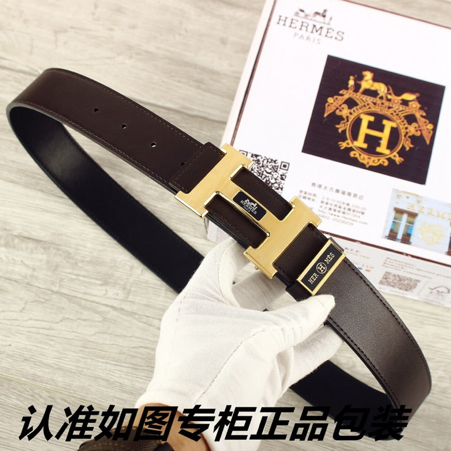 HM Double-sided Belt 38mm Black Cowhide Gold Buckle 620361
