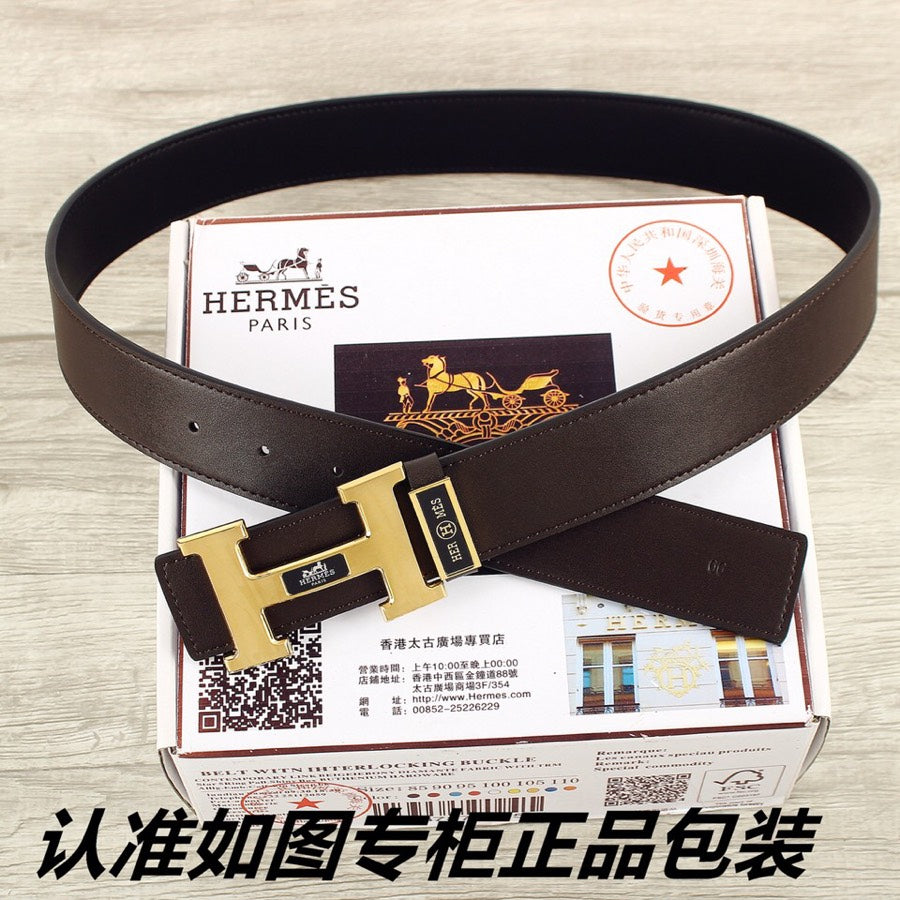 HM Double-sided Belt 38mm Black Cowhide Gold Buckle 620361